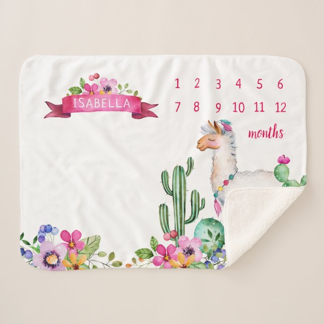 Cobertor Sherpa Llama e Cactus Floral Baby Name (Frente (Horizontal))