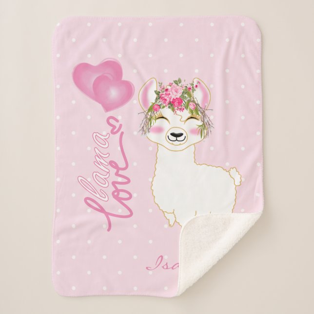 Cobertor Sherpa Llama Love in Pink Floral Design (Frente)