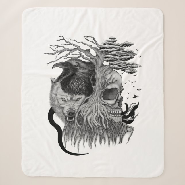 Cobertor Sherpa Lobo e Raven com crânio (Frente)