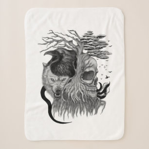 Cobertor Sherpa Lobo e Raven com crânio
