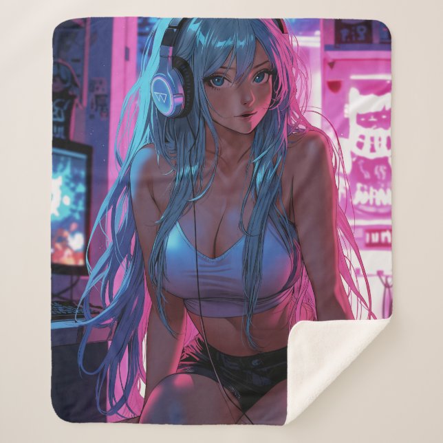 Cobertor Sherpa Lofi Gamer Girl | Estética de animação de calha (Frente)