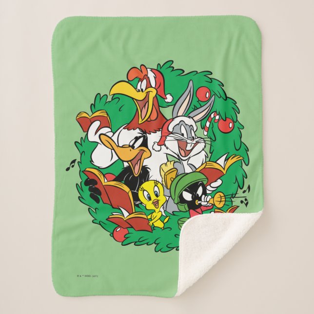 Cobertor Sherpa LOONEY TUNES™ - Frota de Natal do Grupo (Frente)