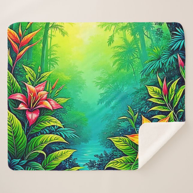 Cobertor Sherpa Lush Tropical Jungle Oasis Design (Frente (Horizontal))