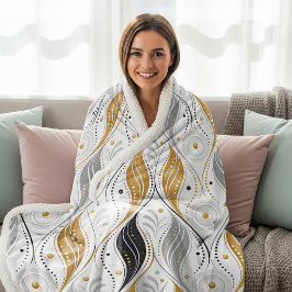Cobertor Sherpa Luxo Dourado Prata Preto Art Déco Padrão Abstrato