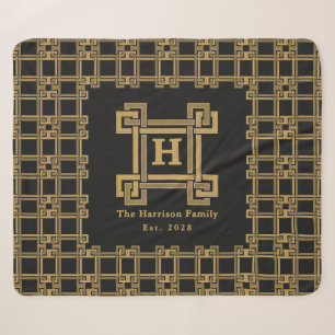 Cobertor Sherpa Luxo Preto Dourado Família Est Monograma Chave Gre