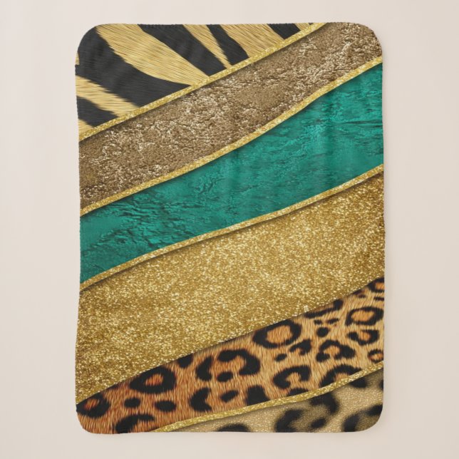 Cobertor Sherpa Luxury Emerald & Gold Safari Leopard Zebra Glitter (Frente)