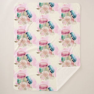 Cobertor Sherpa Macarões coloridos e flores Padrão de aquarela