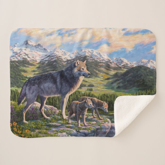 Cobertor Sherpa Madre Wolf e Pups Vale do Rio Montanha (Frente (Horizontal))