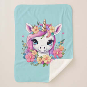Cobertor Sherpa Magical Baby Unicorn with Flowers