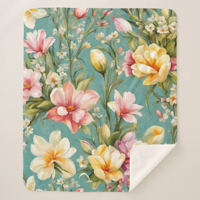 Cobertor Sherpa Magnólia Amarela refinada com flores brancas (Frente)