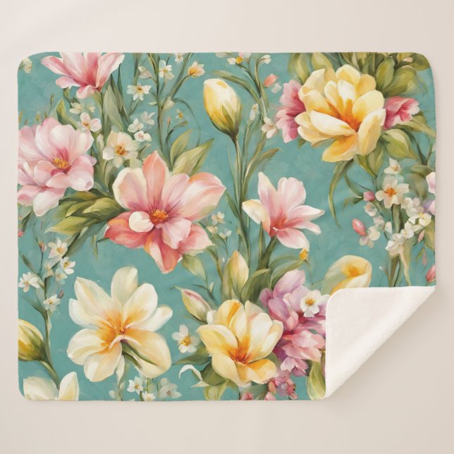 Cobertor Sherpa Magnólia Amarela refinada com flores brancas (Frente (Horizontal))