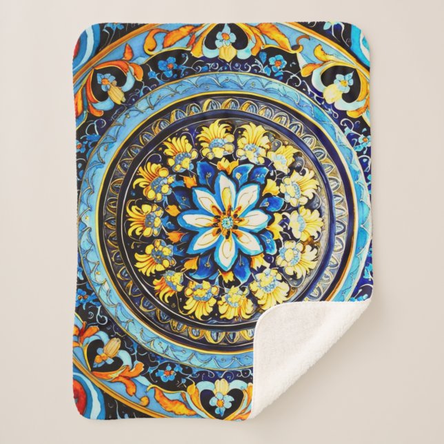 Cobertor Sherpa Maiolica Floral espanhola italiana medieval (Frente)