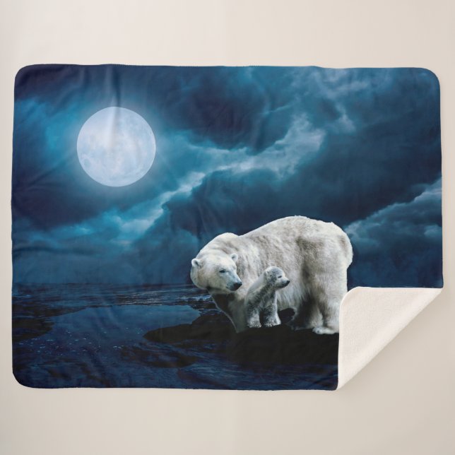 Cobertor Sherpa Mamãe e Bebê Urso Polar à Noite (Frente (Horizontal))