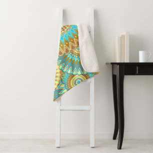 Cobertor Sherpa Mandala Azul Marrom Dourado Sobreposto