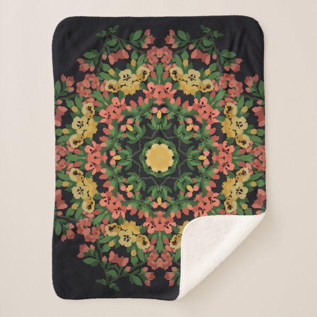 Cobertor Sherpa Mandala floral brilhante com flores vermelhas e am (Frente)