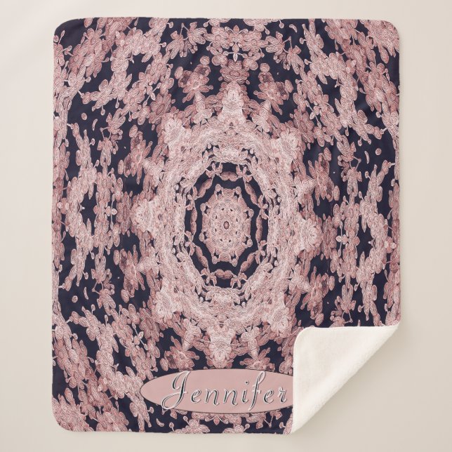 Cobertor Sherpa Mandala Floral Personalizada Preta e Rosa (Frente)