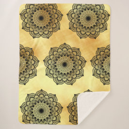 Cobertor Sherpa Mandala Preto em Fundo Dourado Suave