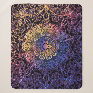 Cobertor Sherpa Mandala roxa e amarela: design desenhada à mão