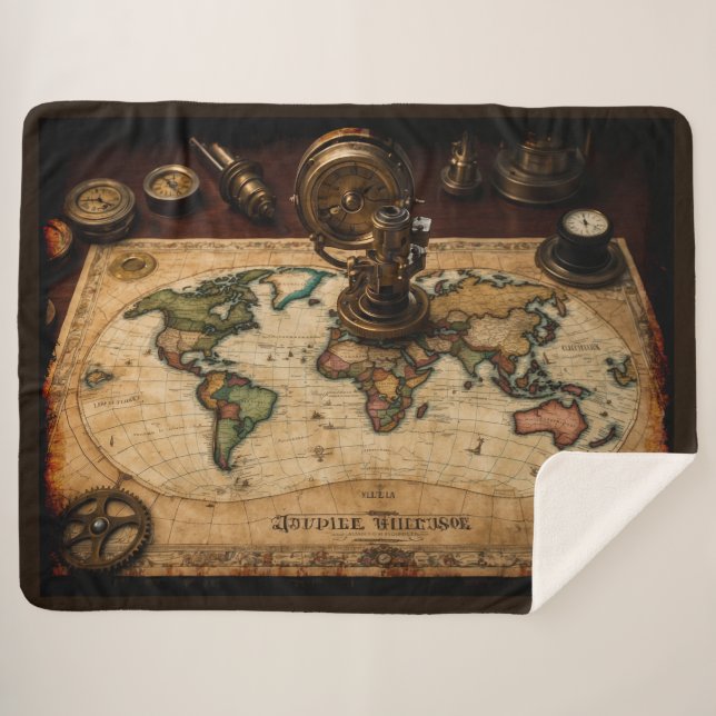 Cobertor Sherpa Mapa do Mundo Antigo Steampunk (Frente (Horizontal))