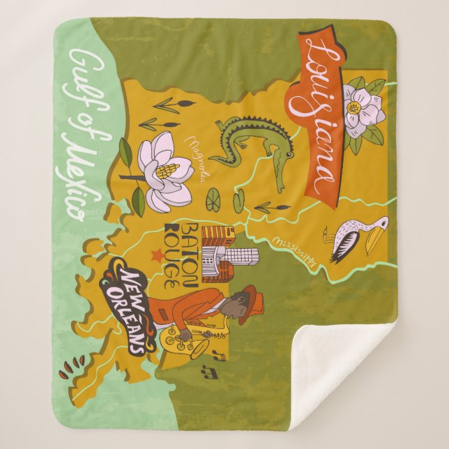 Cobertor Sherpa Mapa ilustrado da Louisiana: destaques de viagem. (Frente)