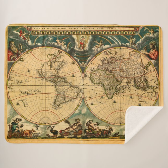 Cobertor Sherpa Mapa Mundial Antiquado - Joan Blaeu - 1664 (Frente (Horizontal))