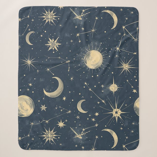 Cobertor Sherpa Marfim Antigo Mapa Celestial da Lua Estrela Azul-M (Frente)