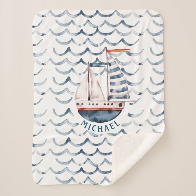 Cobertor Sherpa Marinheiro de aquarela, monograma vermelho e azul (Frente)