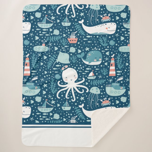 Cobertor Sherpa Marinho, azul e branco, de padrão do oceano náutic (Frente)