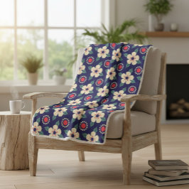 Cobertor Sherpa Marinho Azul em Aberto com Flores de Creme