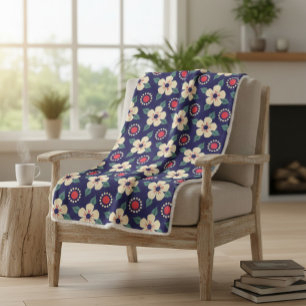 Cobertor Sherpa Marinho Azul em Aberto com Flores de Creme