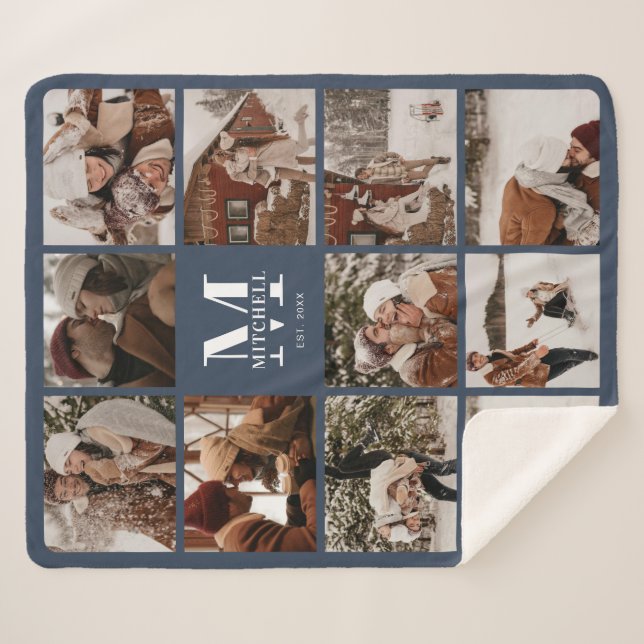 Cobertor Sherpa Marinho de Colagem de Fotografias Múltiplas Elegan (Frente (Horizontal))