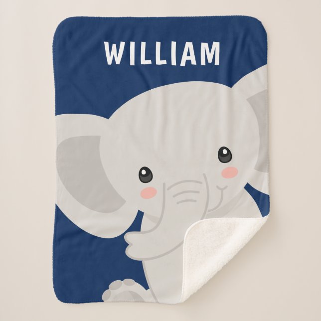 Cobertor Sherpa Marinho de Elefante para Menino Personalizado Azul (Frente)