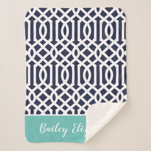 Cobertor Sherpa Marinho e Aqua Trellis Monograma (Frente)