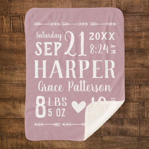 Cobertor Sherpa Mauve Baby Girl Birds Stats   Cores editáveis