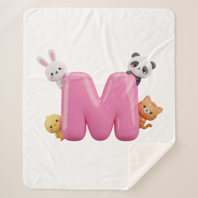 Cobertor Sherpa Médio com Letra M 3D Rosa com Anim (Frente)