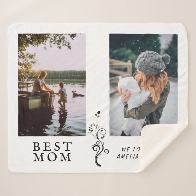 Cobertor Sherpa Melhor Mãe Folhagem Moderna 2 Fotos Personalizadas (Frente (Horizontal))