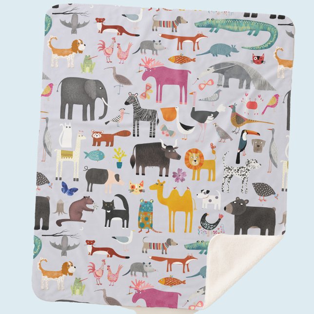 Cobertor Sherpa Menagerie animal (Fun animal menagerie with wild, safari, zoo, pet animals and birds pattern sherpa blanket)