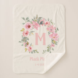 Cobertor Sherpa Menina Bebê Rosa Floral Folhas Verde Musgo Monogra