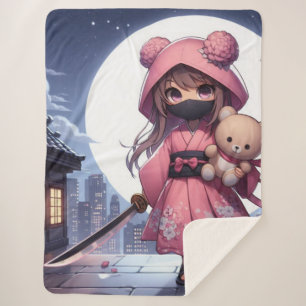 Cobertor Sherpa Menina e ursinho da guerreira ninja