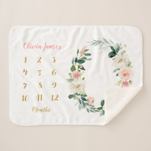 Cobertor Sherpa Menina Floral Cura Milestone Mensal Bebê