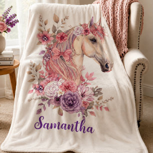 Cobertor Sherpa Menina Monograma de Cavalo Caprichoso Rosa Roxo