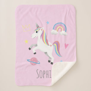Cobertor Sherpa Meninas Cute Pink Rainbow Unicorn & Name Kids