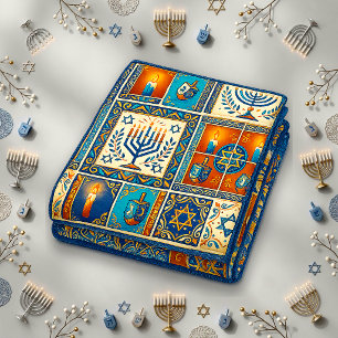 Cobertor Sherpa Menorá Azul Dourada Judaica