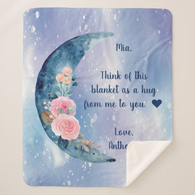 Cobertor Sherpa Mensagem Personalizada da Lua do Crescente Azul (Frente)