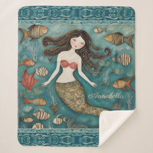 Cobertor Sherpa Mermaid Watercolor Personalizada