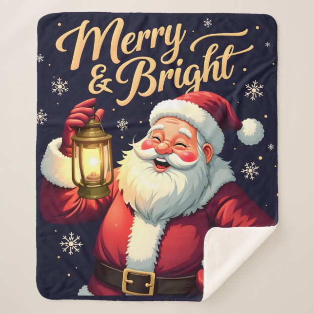 Cobertor Sherpa Merry Bright Santa Holding Lantern Illustration (Frente)