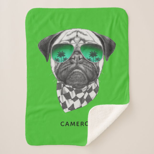 Cobertor Sherpa Miami Pug | Adicione seu nome (Frente)