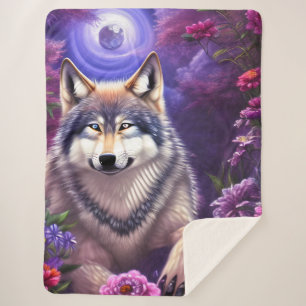 Cobertor Sherpa Midnight Howl Floral Wolf