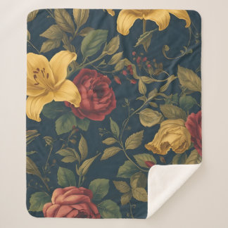 Cobertor Sherpa Midnight Victorian Floral – Yellow Lilies & Roses