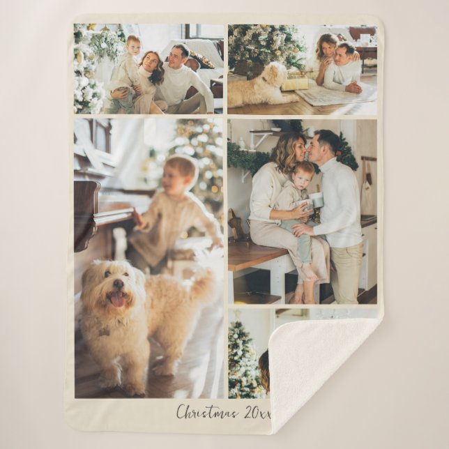 Cobertor Sherpa Minimalist Merry Christmas Script 5 Photo Collage  (Frente)
